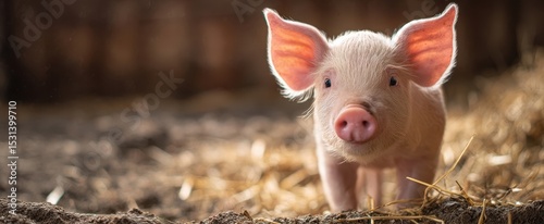 The adorable baby pig standing in a sunny farmyard setting.
