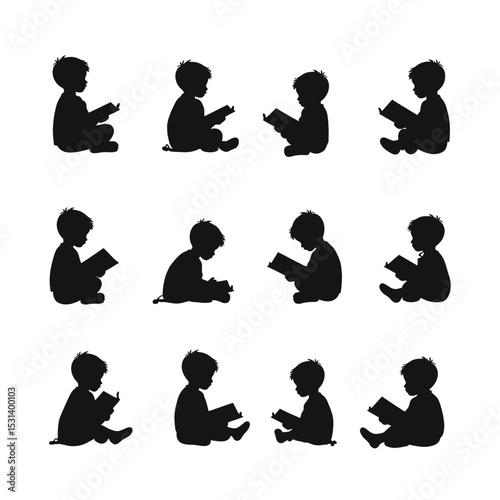 Twelve silhouettes of children enjoying books a child reading book set
