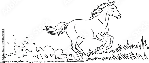 A Running Horse in a Field, Line Art Drawing