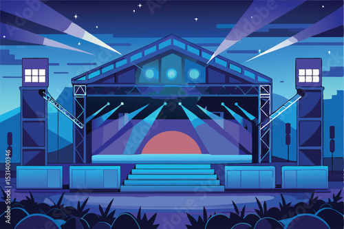 A colorful vector illustration depicting an illuminated outdoor concert stage at night