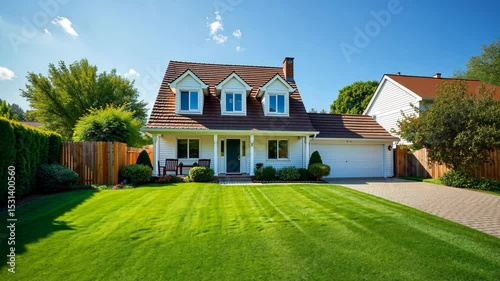 Beautiful suburban house with landscaped lawn, trees, and blue sky on a sunny day