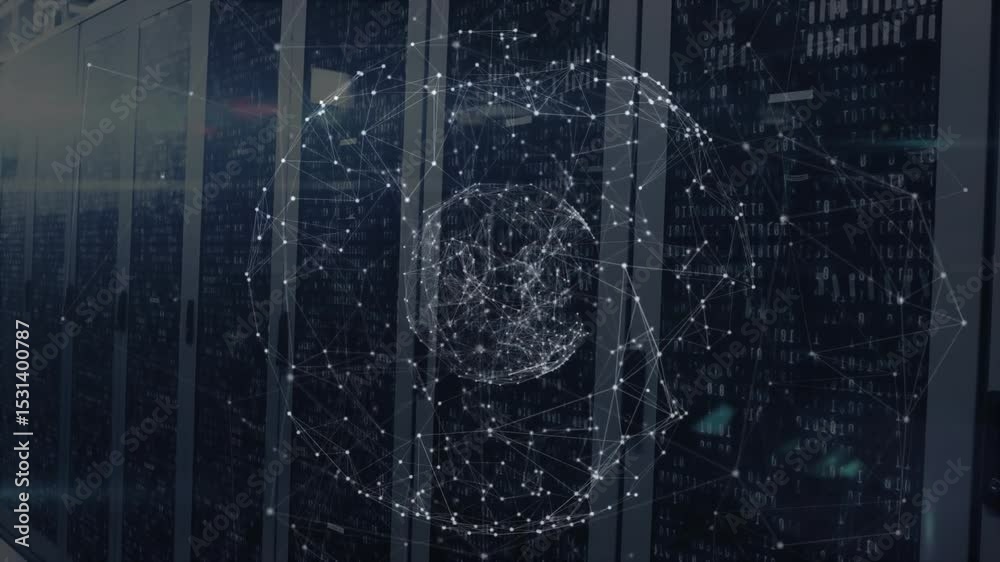 Opening server aisle, nodes forming glowing network sphere rotating, pulsing, visualizing data flow
