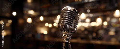 The vintage microphone standing in an elegantly lit bar setting.