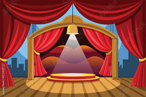 A vibrant cartoon illustration of a dramatic theatre stage with red curtains and spotlight