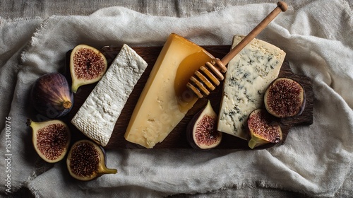 A minimalist flat lay of cheese selection with figs, honey dipper, and white linen napkin photo