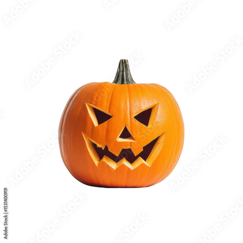 Carved pumpkin with menacing expression, featuring triangular eyes and jagged mouth, perfect for Halloween decoration. vibrant orange color adds to its festive appeal