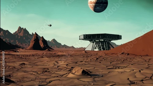 Retro-futuristic alien landscape featuring a distant planet and moons above a barren terrain with rocky formations under a greenish sky