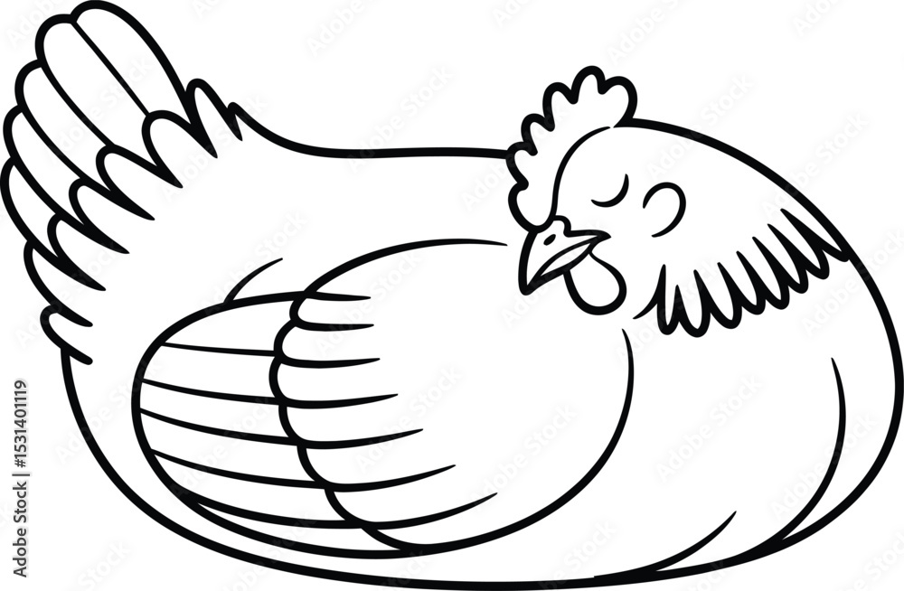 Obraz premium A Sleeping Hen Illustration: A charming black and white line drawing of a hen resting peacefully.