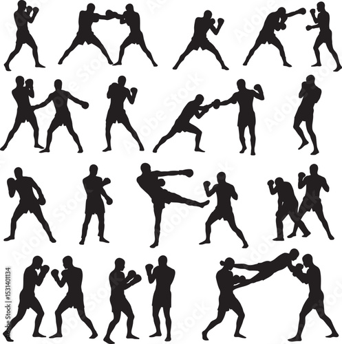 Boxing Silhouette Collection Vector White Color Background