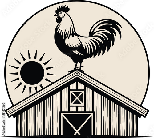 Rooster Crowning a Rustic Barn Under a Setting Sun