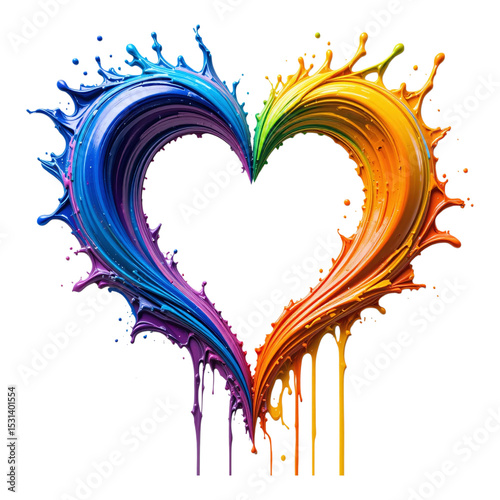 Painted heart shape with colorful splash and dripping brush stroke effect isolated on transparent background