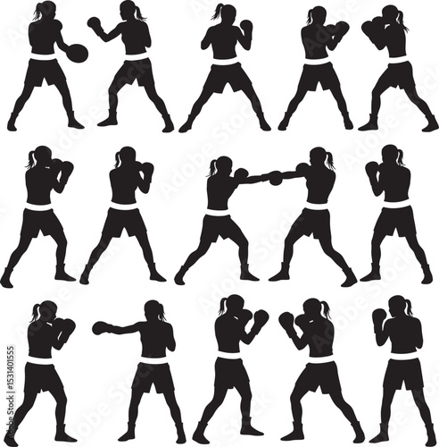 Boxing Silhouette Collection Vector White Color Background