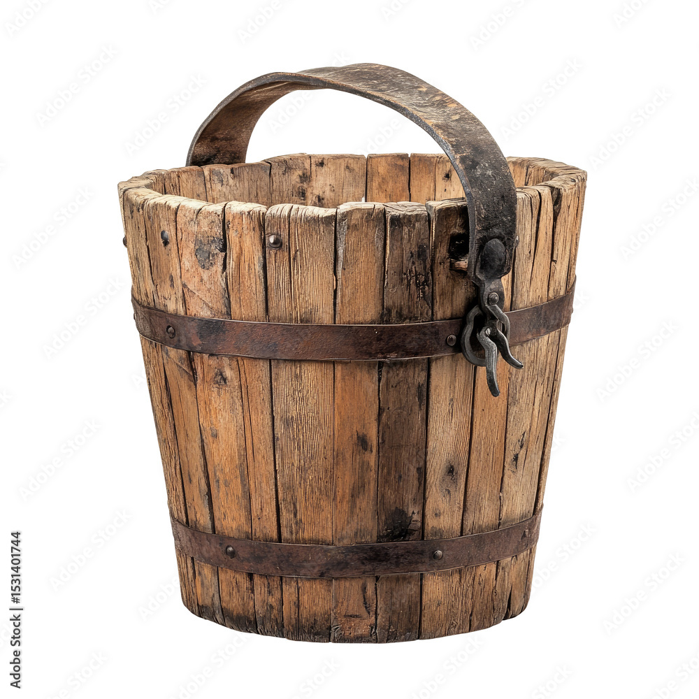 Old Wooden Bucket with Metal Handle and Rustic Texture Isolated on White Background Old Wooden Bucket with Metal Handle and Rustic Texture Isolated on White Background