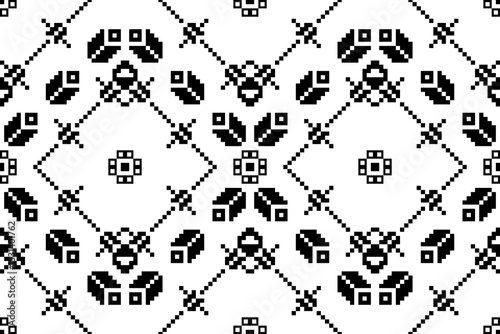 Geometric ethnic pattern in black and white. Abstract seamless of black pixel art. Concept of diamond shape, frame, botany, vintage, modern for background, wrap, wallpaper, textile, fashion, cloth.