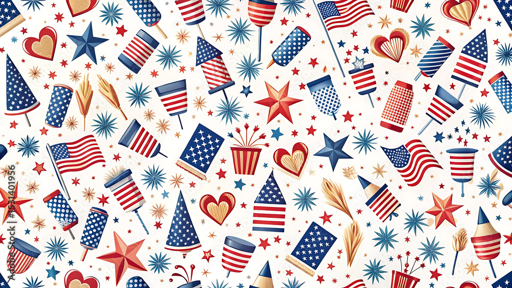 Seamless Patriotic Firecracker Pattern with Stars and Flags for Fabric Seamless Patriotic Firecracker Pattern with Stars and Flags for Fabric