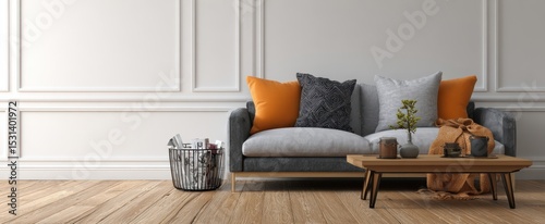 The modern gray couch with vibrant cushions and stylish decor in a cozy living room