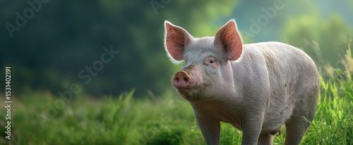 The charming pig in a serene countryside setting surrounded by lush grass.