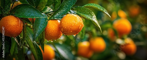 The vibrant oranges glistening with raindrops in a lush green garden.