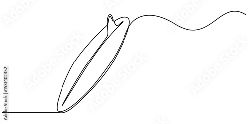 Single one line drawing Surfboard, surfer standing on beach holding surfboard., Continuous one line drawing of surfing longboard in the beach. Surfboard standing up in single line draw illustration. 