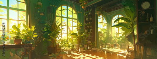 Wallpaper Mural Sunlight illuminates lush green plants in pots arranged artfully in a tranquil room, creating a serene indoor oasis Torontodigital.ca