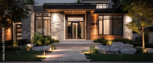 The modern house showcasing elegant design and inviting entrance at dusk.