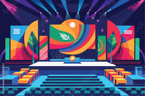 Colorful abstract stage design with lights and audience seats for a conference or presentation.