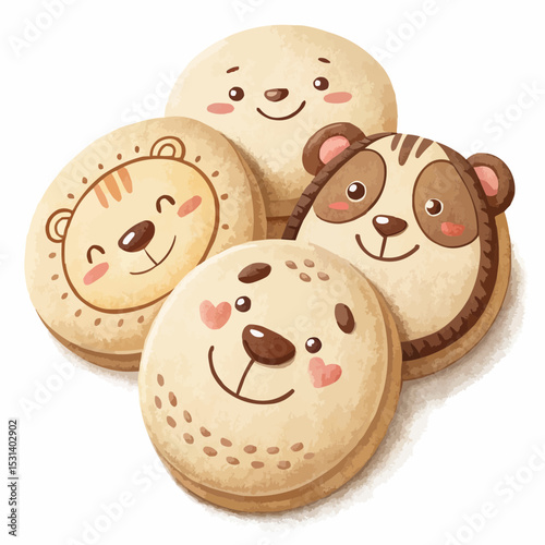 Three handmade-style animal face cookies in light beige and brown as a children's party snack with copy space.