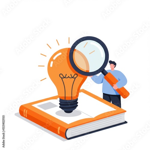 Person examining idea lightbulb on book isolated on white background