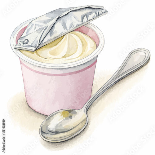  Simple watercolor painting of a yogurt cup and spoon in pale pink for a healthy breakfast with copy space.