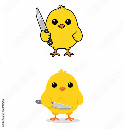 Cute Yellow Chick Character Holding Knife and Fork - Cartoon Mascot Vector Illustration