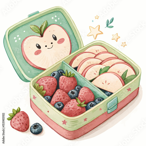 Kawaii illustration of a bento box with fresh fruit in green and pink for a healthy children's snack with copy space.