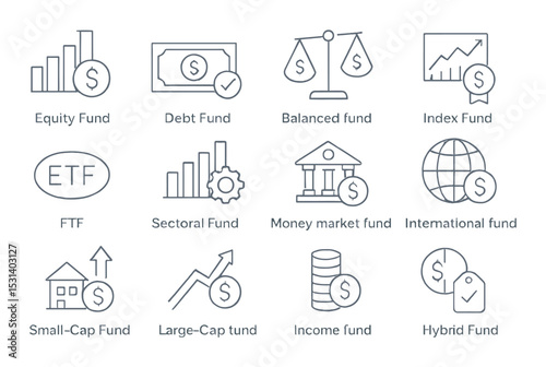 Investment fund icons set. financial linear symbols: equity, debt, etf, index, international vector icons.