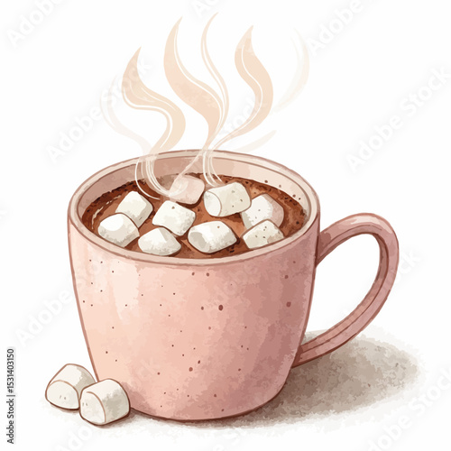 Watercolor illustration of hot cocoa with marshmallows in a pale pink mug for a cozy winter treat with copy space.