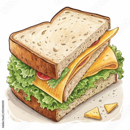 Children's book illustration of a healthy sandwich with cheese and lettuce for a school lunch with copy space.