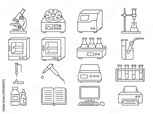 Lab equipment set. scientific tools silhouette microscope, computer, beaker, pipette vector icons.