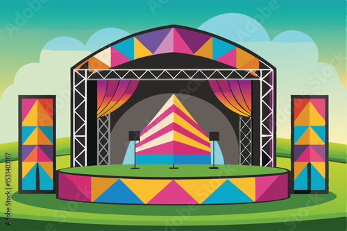 Colorful illustrated stage set design for concert or music festival outdoor performance