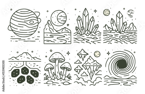 Space element set. cosmic scenery linear elements. planet, moon, crystal, mushroom, black hole vector icons.