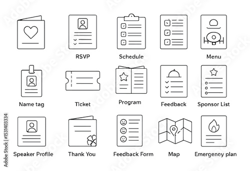 Event planning set. linear event icons: rsvp, schedule, menu, ticket, map, feedback vector icons.
