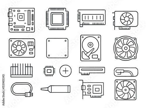 Computer hardware set. electronic device linear graphics. cpu, gpu, ssd, ram, fan vector icons.
