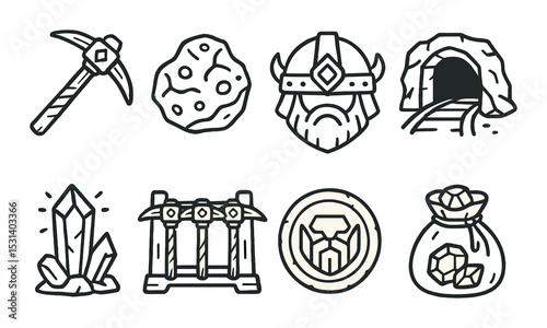 Mining tools set. linear dwarven pickaxe, gem, helmet, mine entrance vector icons.