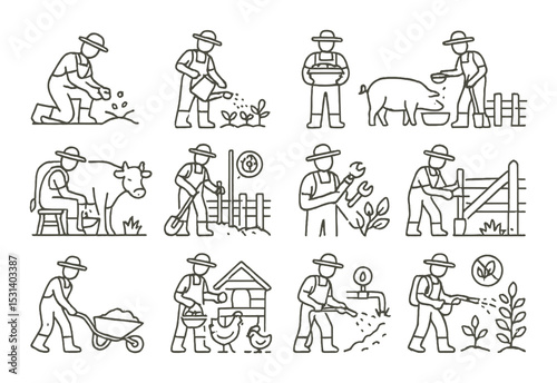 Farmer icon set. agriculture linear icons: planting, watering, feeding, farm tools vector icons.