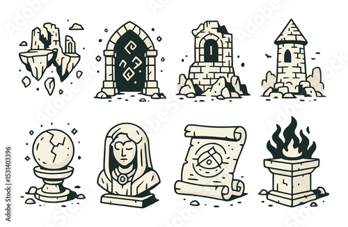 Fantasy ruins set. ancient ruins, scroll, crystal ball, bust, torch silhouette vector icons.