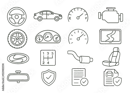 Car parts set. automotive linear icons. steering, speedometer, engine, exhaust vector icons.