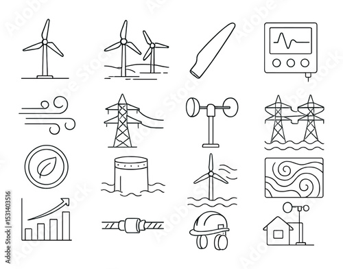 Energy and wind power set. renewable resources linear icons. turbine, pylon, solar, wave vector icons.