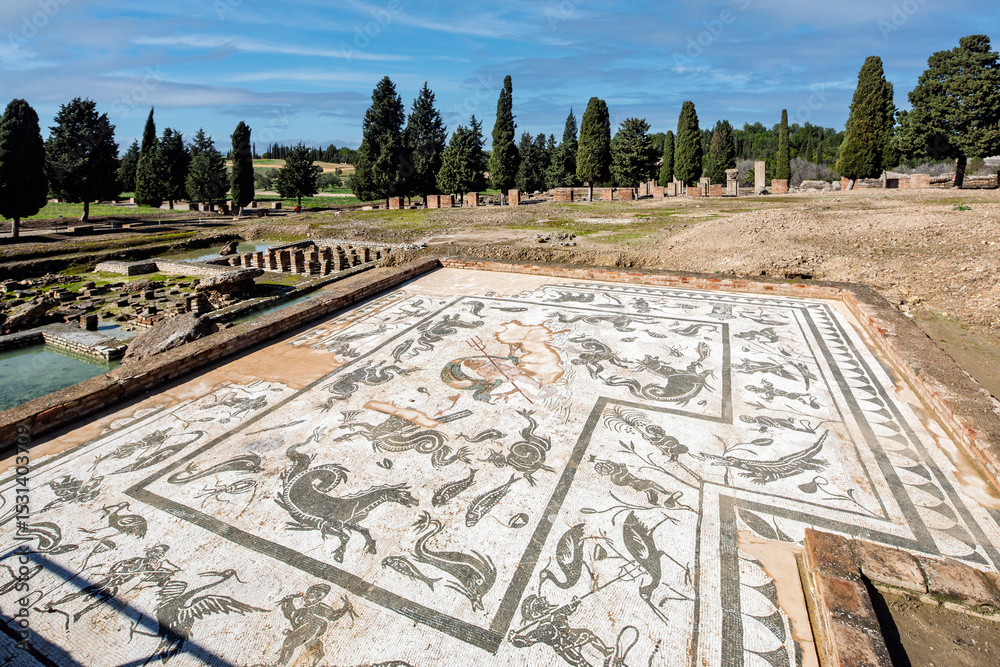 Fototapeta premium Mosaic of Neptune with sea creatures in Itálica, Seville, Spain