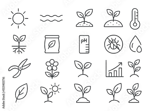 Gardening set. linear garden tools: sun, plant, leaf, soil, rain, growth, seed, flower vector icons.