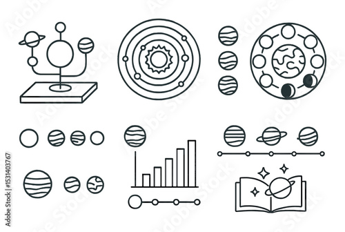 Space exploration icon set. astronomy, planets, orbit, galaxy, science silhouette vector icons.