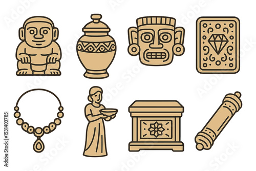 Antique artifact set. historical silhouette icons. sculpture, urn, mask, jewelry, scroll vector icons.