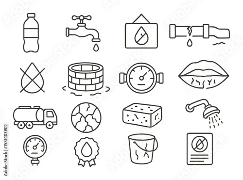Drought water conservation set. linear icons: tap, bottle, pipe, shower, gauge, lips vector icons.
