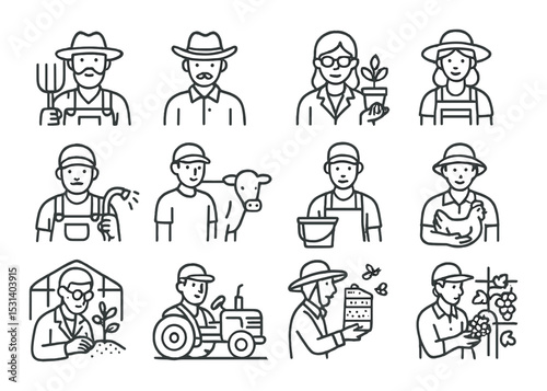 Farmer and agriculture icon set. linear farmers, tractor, tools, cow, garden, beehive vector icons.